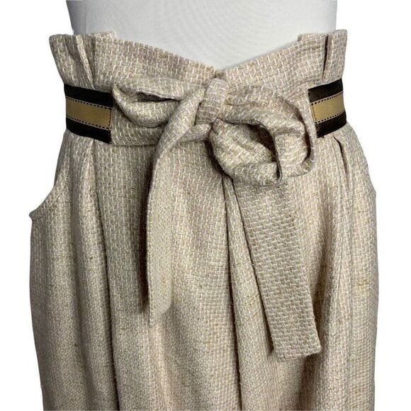 Vintage Silk Paper Bag Waist Mini Skirt S Beige Tie Waist Zip Pockets Pleated - Picture 2 of 6
